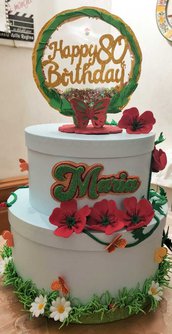 TORTA FINTA 2 PIANI CON SCATOLE CON CAKE TOPPER DA PERSONALIZZARE TEMA A SCELTA