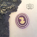 Spilla, brooch, cameo, ricamo con perline, viola, avorio