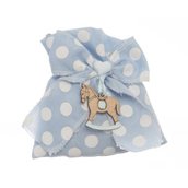 Bomboniera nascita bimbo battesimo sacchetto shabby pois celeste ciondolo cavallo a dondolo legno segnaposto battesimo