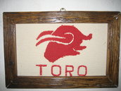 Quadro in stoffa"TORO" -fatto a mano, 32,5 x 21,5 cm.