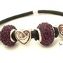 BRACCIALE donna European Beads caucciù nero strass viola cuori argento tibet