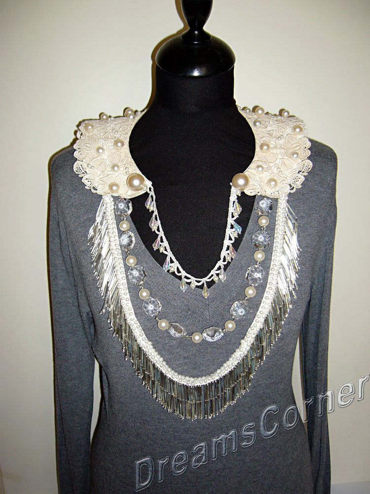 Collana collo con perline nere con strass, collo staccabile, falso colletto, finto colletto, colletto donna - Italia