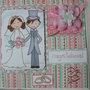 Biglietto matrimonio auguri congratulazioni sposini rosa verde pastello con fiori e decorazioni.