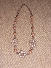C28 Collana originale a chiacchierino, sfere rivestite in pitone e perle di fiume------------Handmade necklace with tatting technique,flowers, pyton skyn coated spheres
