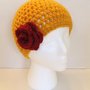 Handmade Crochet Beanie Hat, Gift, Red Flower, Gold, Accessory, Rose, Fashionable