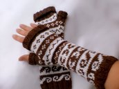 Chocolate-Brown and Milk Two Color Fingerless Mittens