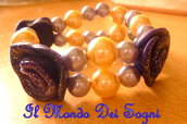 Bracciale fimo rose viola e perle+SCATOLINA REGALO!