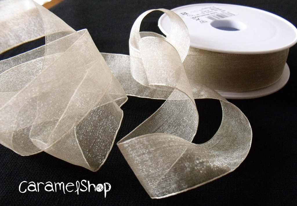 Berolle Nastro Organza Trasparente 4 Cm X 50 Metri - Beige Con Sottile Glitter Per Regali E Decorazioni Nozze
