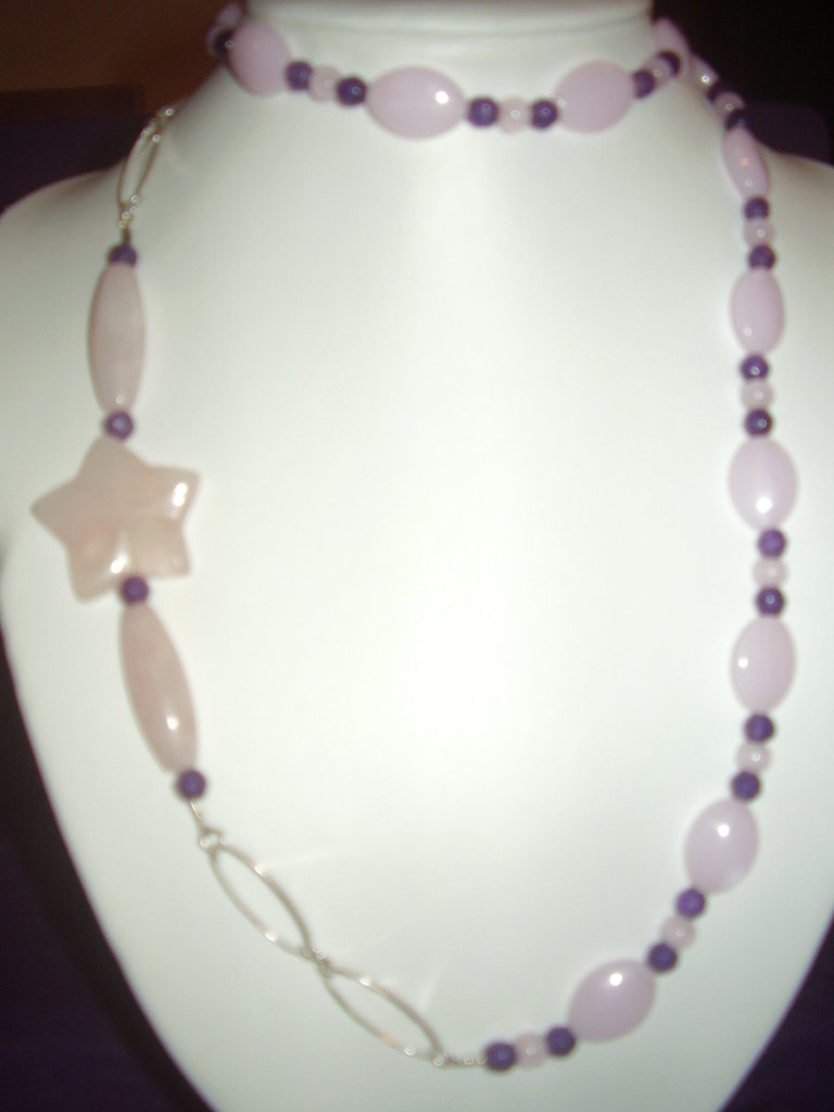 Collana LAVISA Obelisk In Quarzo Rosa O Ametista - Vera Pietra Naturale, Catena 55+5 Cm In Acciaio Inox