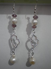 Orecchini perle bianche perline rosa e cuore silver plated