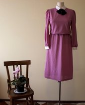Pink 1980's vintage polyester secretary dress with white collar and wrists and black ribbon, Made in U.S.A.