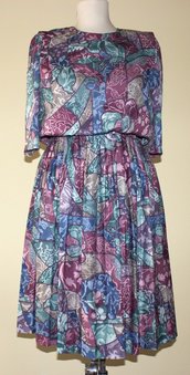 Colourful (blue, green, red, brown, purple) 1980's vintage polyester secretary dress, Size M