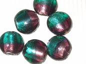 6 perle a disco bombato in vetro foglia argento viola e petrolio