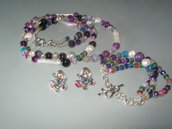 art 69 collana in agata multicolore trasparente, perle di fiume,3 fili,con bracciale e orecchini in  argento tibetano anallergico