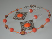 art  284 collana in corallo spugna colore arancio, perle round grandi, con orecchini in argento tibetano anallergico