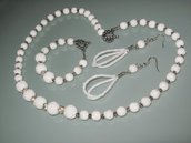 art  179 collana in agata bianco, perle round lavorate, con orecchini e bracciale in argento tibetano anallergico