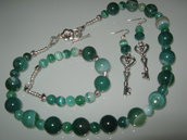art 116 collana in agata verde trasparente, perle round varie misure, con orecchini e bracciale,argento tibetano anallergico