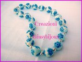 Collana girocollo con perle in fimo "murrina fiore petali blu azzurro" made in italy