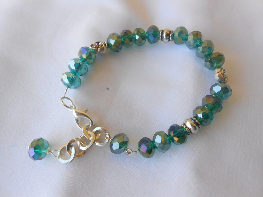 Bracciale Tennis Vintage Cristalli Verdi E Bianchi – Placcato Oro Bianco 18kt, Catena Elegante, Fatto A Mano UK