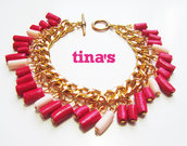 Bracciale handmade in fimo e cernit con catena dorata e perle rosso rubino