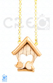 Collana Home Love Gold - uccellini innamorati con casetta | fimo