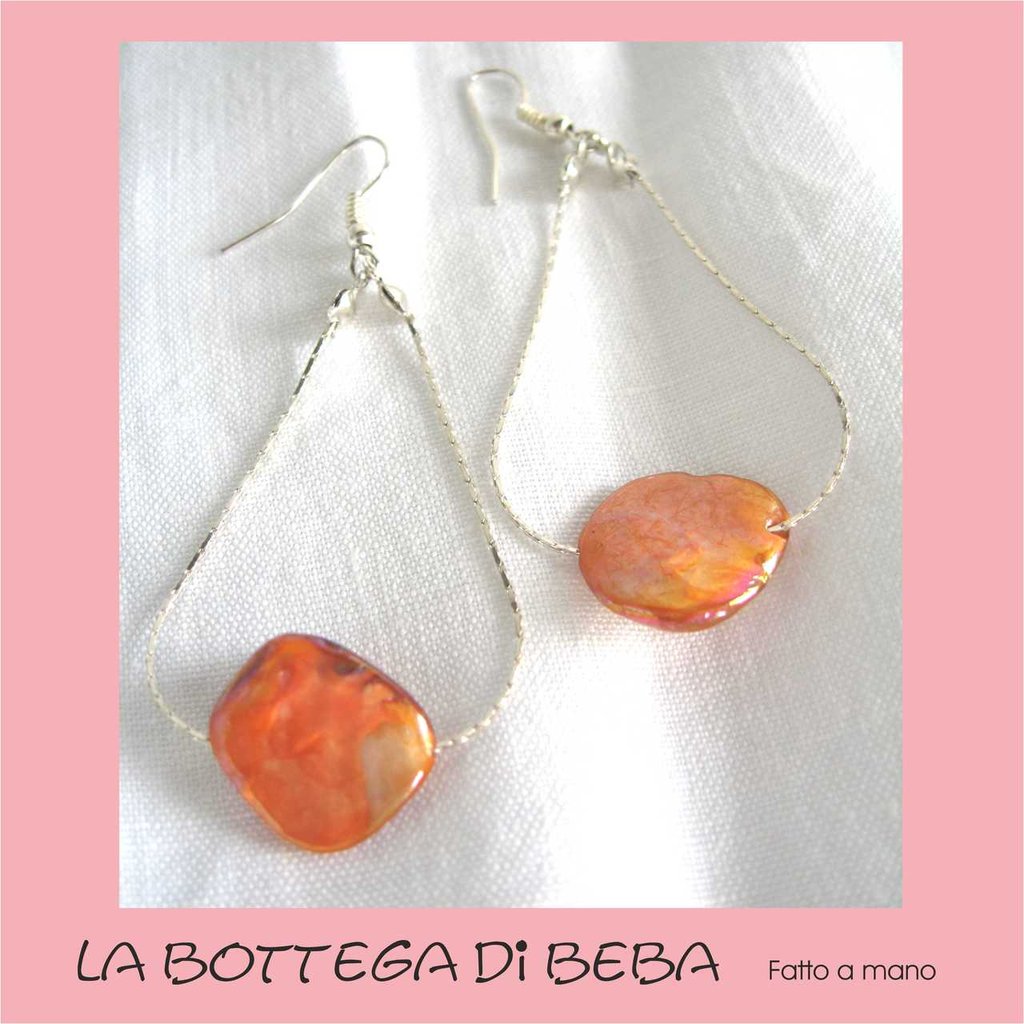 Orecchini Tibetani Fatti A Mano In Argento Con Perline Di Vetro Craquel&eacute; Rosa E Arancione &ndash; Pendenti Lunghi, Stile Boh&eacute;mien