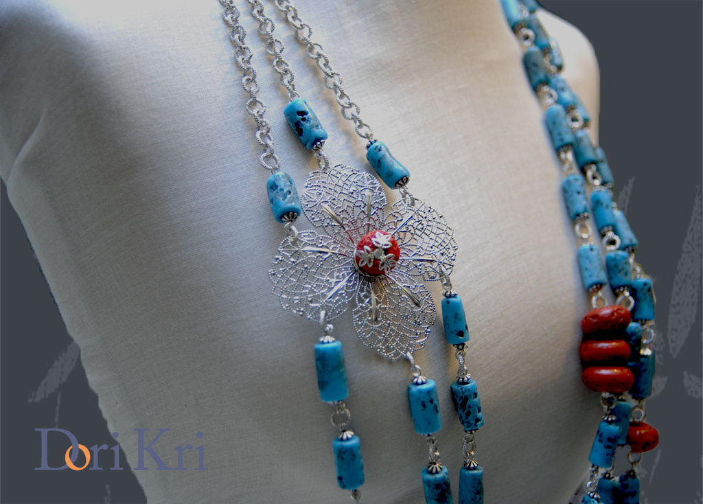 Collana Girocollo Bohemien In Pelle Con Piume, Perline Turchesi E Nappe – Regolabile, Stile Etnico - 2