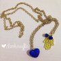 Collana Lunga Dorata Mano di Fatima Hamsa Shamballa Blu Turchese