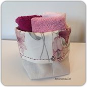 Cestino in cotone a fiori rosa /bordò con tre lavette in tinta