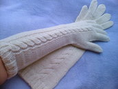 Extra Long Armwarmers-Five Finger Cable Knit Cream White Gloves