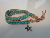 Bracciale moda primavera estate 2014 stile chan luu  doppipo giro cordoncino color cuoio e perle in pietra turchese
