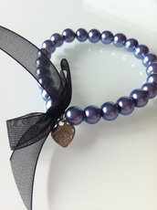 Bracciale di perle grigio/blu con pendente a cuore
