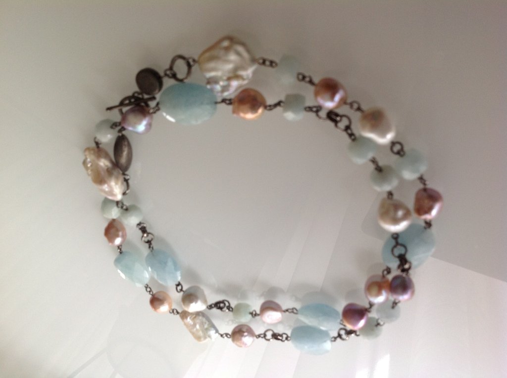 Collana di perle di fiume e acquamarina grezza - Gioielli - Collane