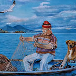 Dipinto pescatore marina cane vesuvio  napoli 