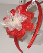 Cerchietto rosso con doppio fiore in tulle rosso e avorio