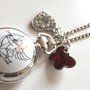 Collana color argento con orologio di cupido,ciondolo cuore con strass e ciondolo rosso in cristallo farfalla