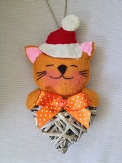Natale - Gatto in feltro su cuore di vimini, addobbo per albero