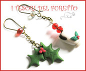 Orecchini "Agrifoglio e tazza di cioccolata" fimo cernit kawaii idea regalo bambina Natale 2014 bijoux