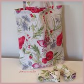 Shopping bag richiudibile in cotone stampato papaveri e farfalle rossi