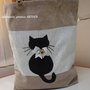 BORSA SHOPPING MARRONE QUADRETTI DECORO GATTO NERO FIOCCHI BOTTONI