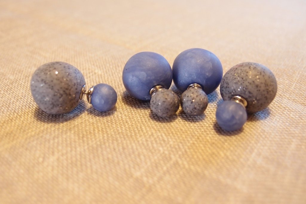 Boucles D'oreilles Femme Double Perle Blanche Et Bleue Avec Paillettes - Neuf Avec étiquettes
