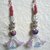 ORECCHINI pendenti con sfere di rubino burattato,cristallini swarovski,fiorellini di vetro satinato e gufi in metallo