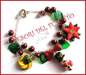 Bracciale Natale  "Fufuclassic Classic Omino Di neve + foglie verdi e perle rosse" Fimo cernit stella di Natale idea regalo