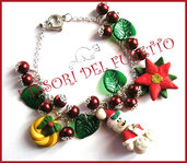 Bracciale  Natale "Fufuorsetto con stella di Natale e ghirlanda foglie verdi" fimo cernit idea regalo kawaii 2014
