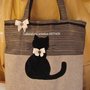 BORSA SHOPPING DECORO GATTO NERO IN TESSUTO CREMA MARRONE IDEA REGALO NATALE ARTIGIANALE