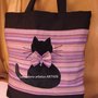 BORSA GATTO IN TESSUTO NERO VIOLA IDEA REGALO NATALE ARTIGIANALE TIPO SHOPPING