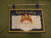 pannello natalizio realizzato a mano in stoffa americana con ricetta di biscotti di babbo natale