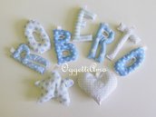 Roberto: ghirlanda di lettere di cotone imbottite come regalo per una mamma in occasione della nascita del suo piccolino!