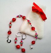 SET BRACCIALETTO E ORECCHINI PERLE ROSSE E FARFALLE