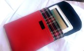 porta tablet con tasca anteriore unisex in stoffa scozzese ed eco pelle rosso